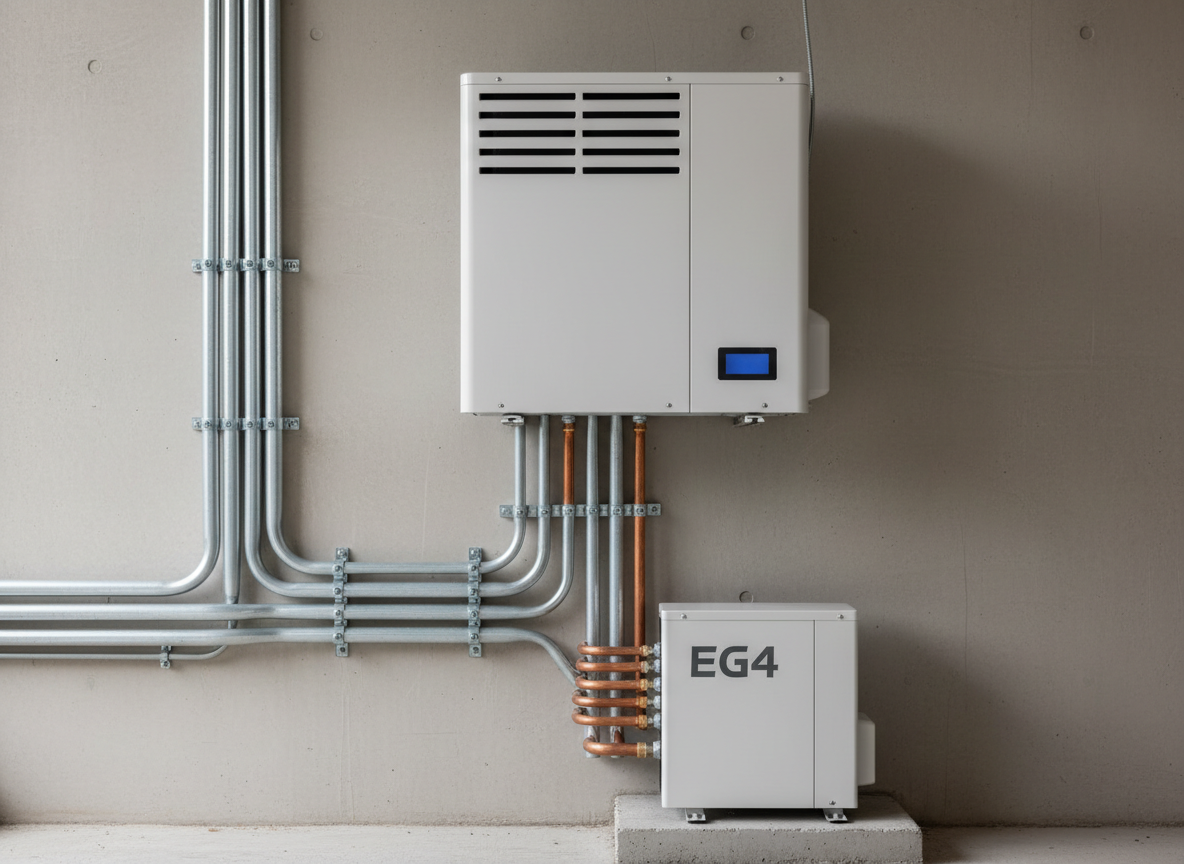 A high-detail close-up of an industrial EG4 minisplit system, featuring a matte white indoor air unit with streamlined vents and a subtle LED display, mounted on a neutral-colored wall. Below, structured electrical conduits and immaculately organized copper piping trail down to a compact, labeled outdoor compressor situated on a concrete pad. Soft, diffused daylight from an unseen window gently highlights the clean edges and technical surfaces, casting soft, minimal shadows. The ambiance is orderly and crisp, reinforcing reliability and advanced engineering. The camera angle is eye-level and tightly framed for focus, ensuring every material and texture is in crisp detail. The artistic style is clean, photographic, and modern, perfect for a technical consulting or equipment-focused site.