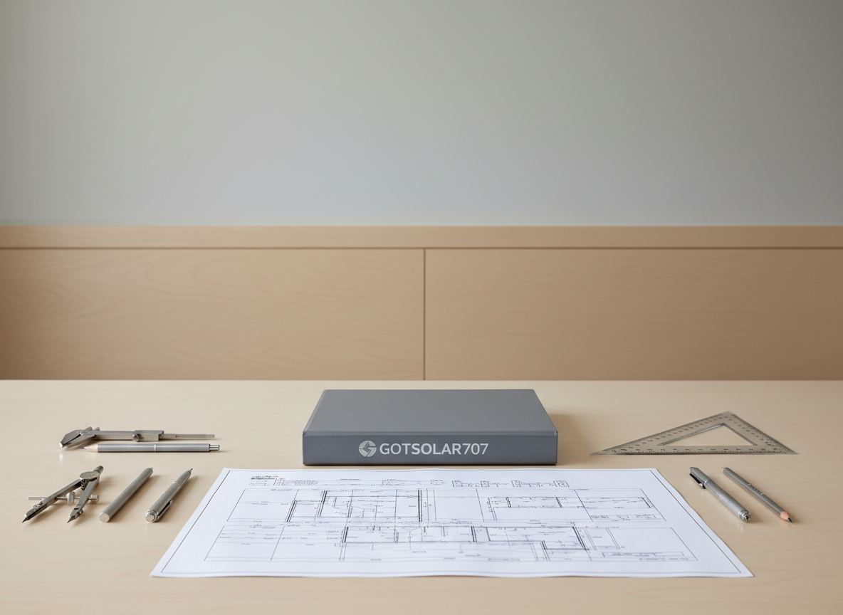 A broad, minimalist workspace showing an array of solar consultation blueprints and technical diagrams precisely arranged on a spacious, smooth-toned desk. The papers are accented by a closed graphite gray binder embossed with the GOTSOLAR707 logo, and a set of high-quality drafting tools ranging from stainless steel calipers to an architect’s scale, all positioned neatly along the edges. The setting is an uncluttered office environment with neutral wood paneling and muted gray walls. Soft, even overhead light creates delicate highlights and almost shadowless clarity. The visual mood is focused and analytical, with a professional, methodical undertone. Captured from a top-down, centered perspective, the image embraces clean lines, photographic realism, and a structured, corporate composition suited for a technical consulting brand.