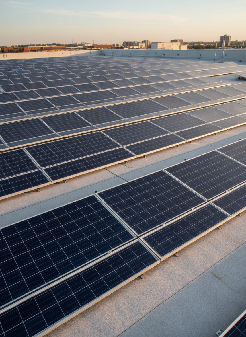 A meticulously arranged array of sleek, modern solar panels set atop a flat commercial rooftop, each panel featuring ultra-clear tempered glass and deep blue photovoltaic cells, framed in matte silver metal. The rooftop environment is surrounded by low parapet walls and accented with concrete surfaces. Natural late afternoon sunlight casts clean, crisp shadows and subtle reflections on the polished panels, creating a sense of clarity and order. The mood is calm, highly professional, and efficient. Captured from a slightly elevated, wide-angle perspective, the image emphasizes symmetry and balanced composition. The overall aesthetic is photographic realism combined with a structured, corporate style that aligns with a high-end solar consultation brand.