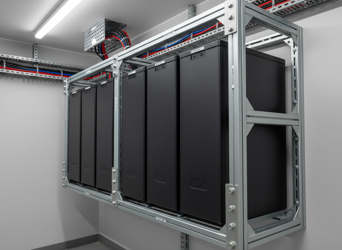 A visually balanced composition of an off-grid solar power storage system featuring a series of matte black lithium ion battery banks, firmly mounted within a custom, powder-coated steel rack with industrial fasteners. The scene is set against a pristine, light gray utility room wall with neatly labeled conduit lines and cable trays organizing the wiring. Bright, neutral overhead LED strip lighting creates uniform illumination, highlighting the textures of metal panels and smooth battery surfaces. The mood is organized and highly professional, evoking reliability and readiness. Photographed from a slightly oblique angle at mid-height, the sharp focus across the frame supports a clean, structured, and corporate image style, fully in line with modern off-grid solar consultation services.