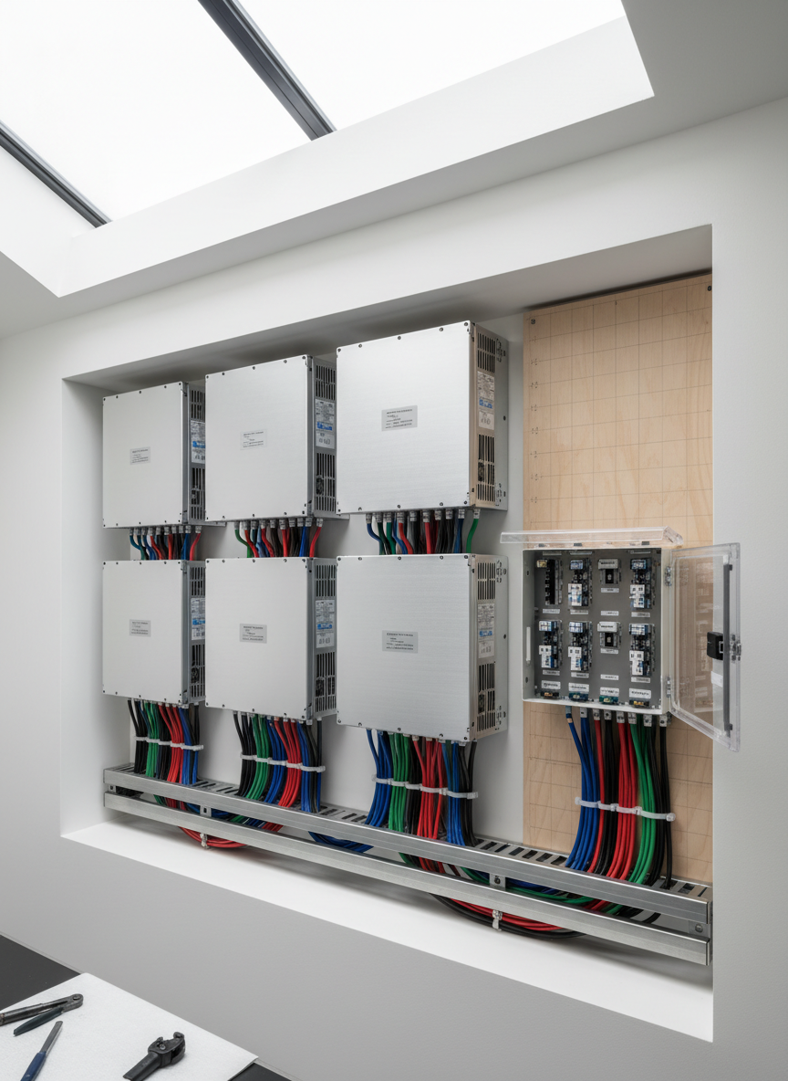 A detailed, documentary-style image of a custom installation in progress: an off-grid solar inverter array with brushed aluminum housings and crisp, color-coded wiring precisely organized within a designated utility alcove painted in matte white. The setting features a clean cable management tray and a labeled fuse box mounted on a precisely measured backboard. Bright, shadowless daylight from a frosted overhead skylight illuminates the entire scene, making components and surfaces highly legible. The composition, taken from an eye-level, slightly off-center angle, highlights clarity and focus, evoking a sense of professionalism and technical expertise. The style remains firmly photographic, modern, and corporate, fitting the site’s identity and subject matter.